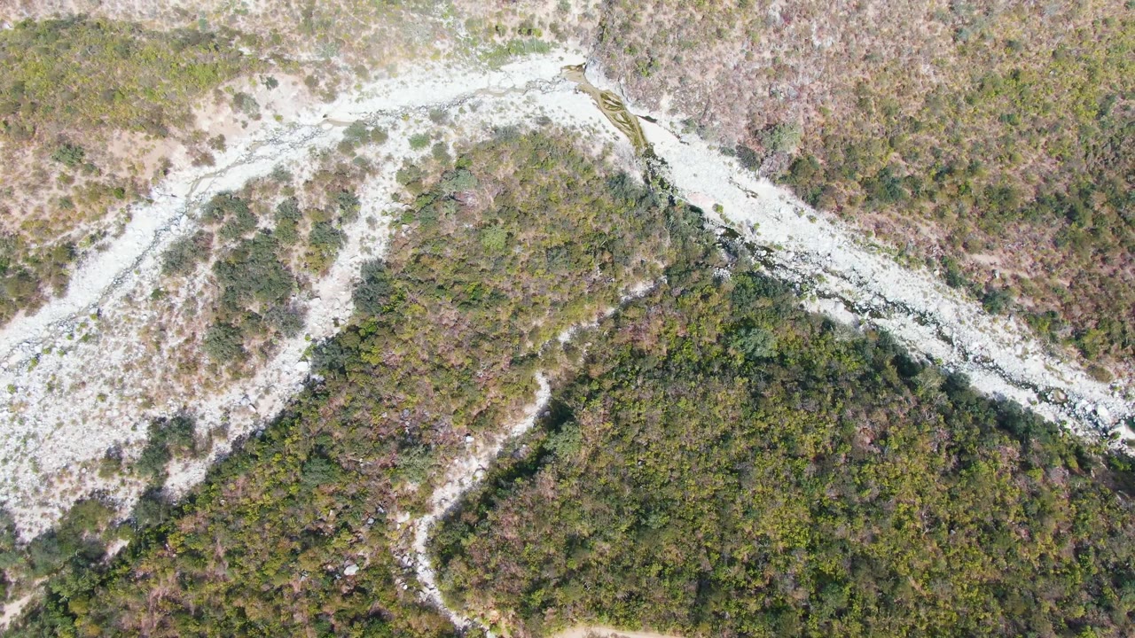 Top-down view in San Dionisio, Baja California Sur where the pale dirt track forms a sharp curve across mixed green and brown hillside cover with no visible people.