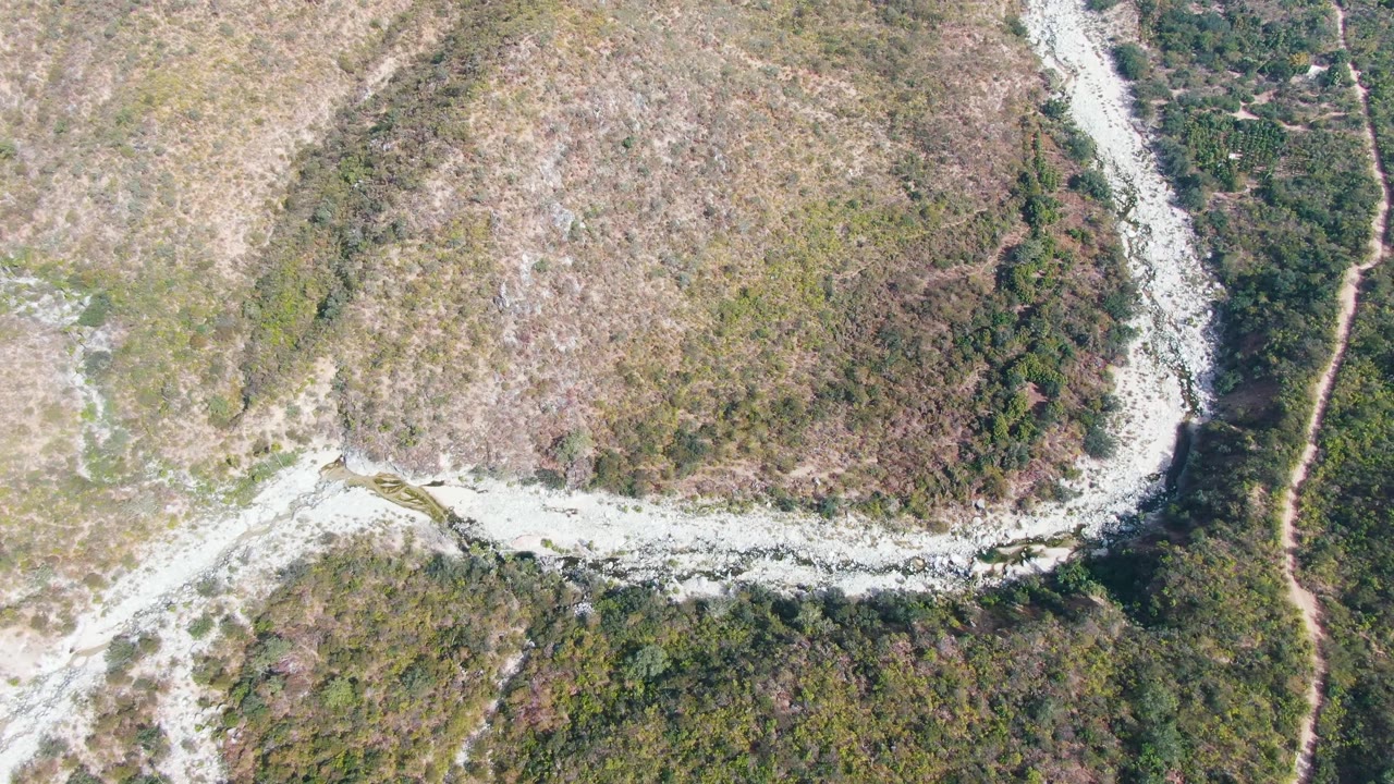 Overhead frame from San Dionisio, Baja California Sur showing a pale dirt path curving through dry cleared ground and green-brown vegetation, with no visible people.
