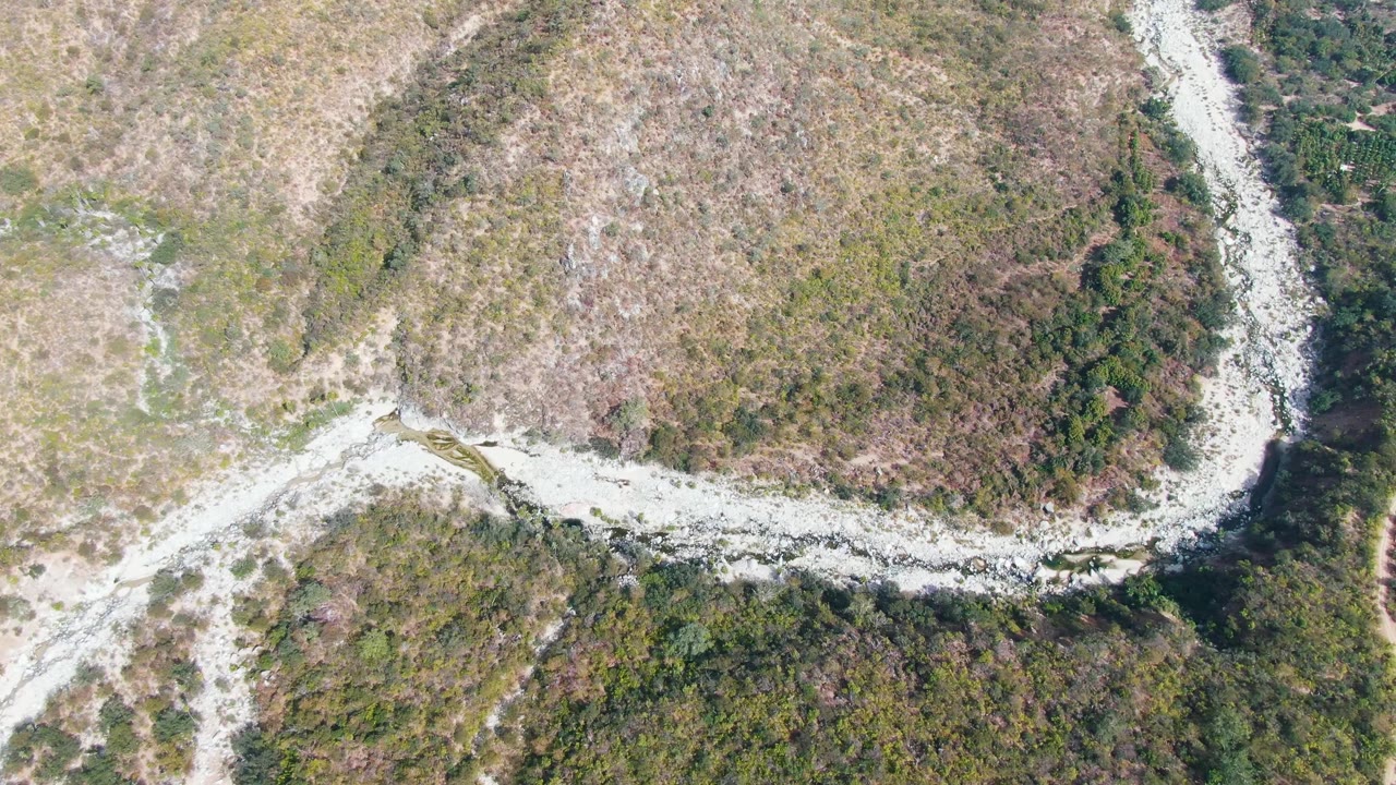 Overhead frame in San Dionisio, Baja California Sur showing a pale dirt path or dry wash bending through brown grassland and dense green vegetation, with no visible people.