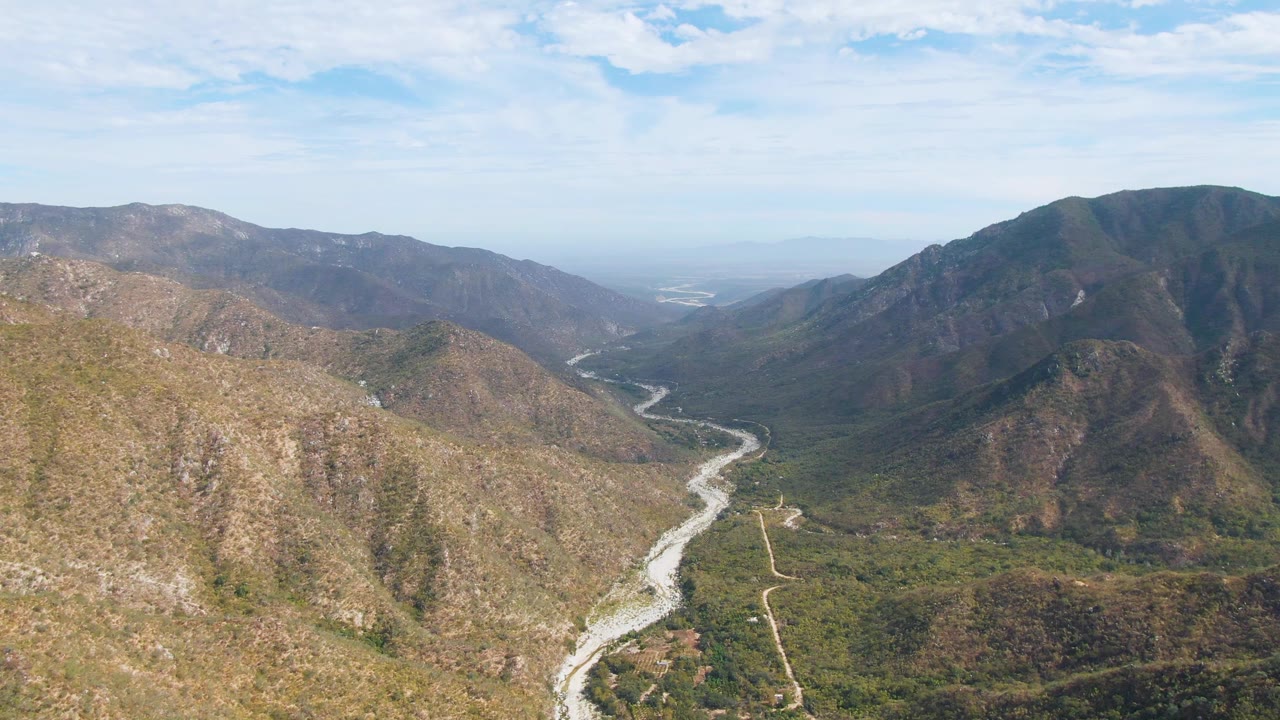 Wide aerial view over San Dionisio, Baja California Sur, with a pale winding river cutting through green and brown mountain terrain and no visible people.
