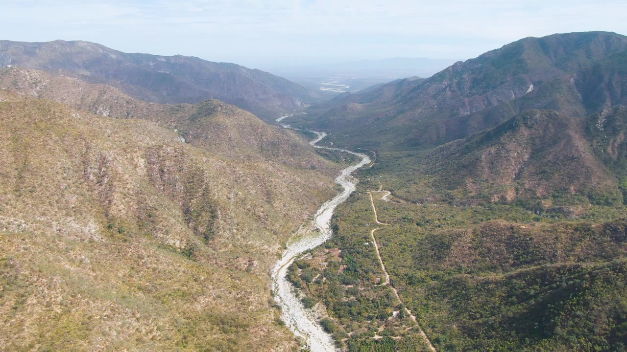 High aerial view over San Dionisio, Baja California Sur, with a pale river curving through a green valley between dry brown mountains and no visible people.