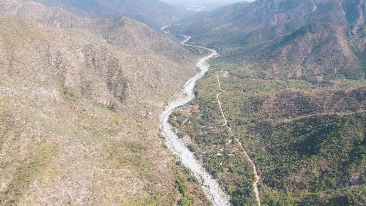 Aerial view of a winding river in a mountain valley.