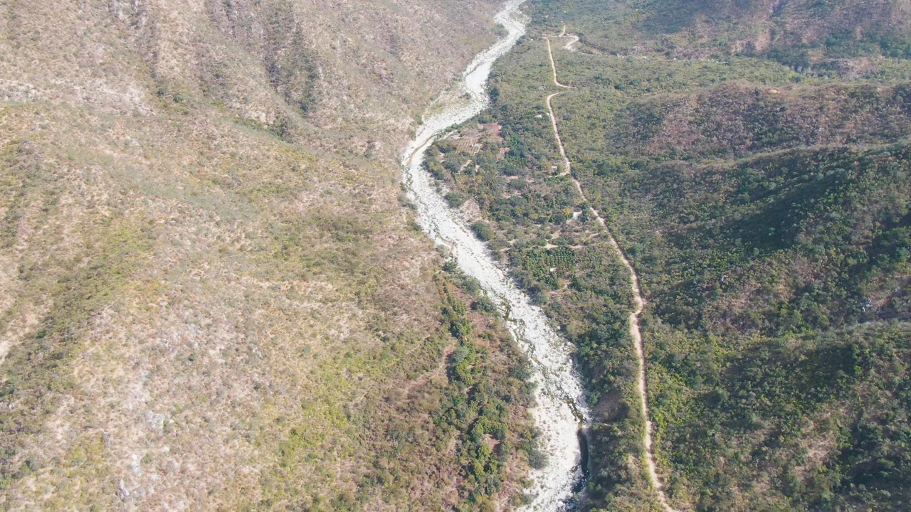 The second frame keeps the San Dionisio river bend near the center, with a narrow dirt track beside the green drainage and no visible people.