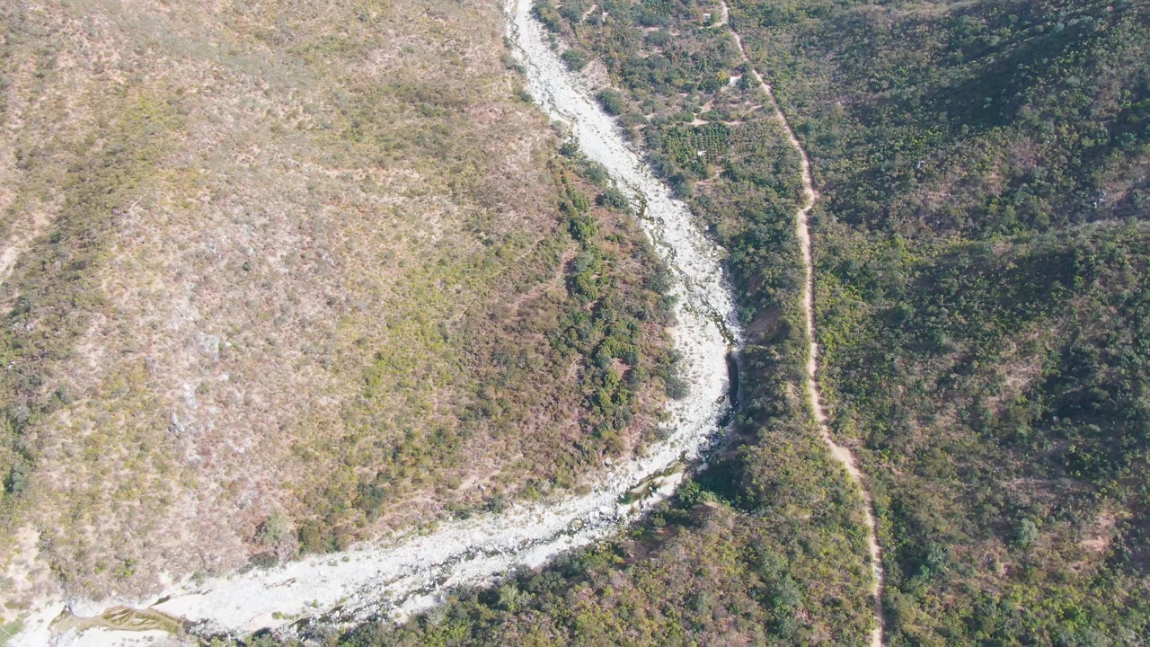 Overhead frame from San Dionisio, Baja California Sur showing a pale rocky river channel curving between dry tan grassland and darker green vegetation, with no visible people.