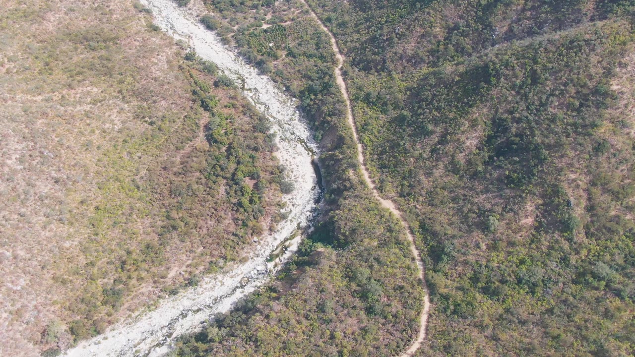 Aerial view over San Dionisio, Baja California Sur, with the stream bend lower in frame, dry open ground to the left, thicker green brush to the right, and no visible people.