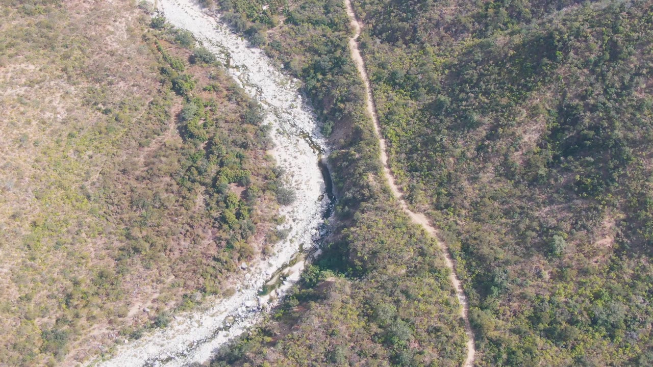 Overhead frame from San Dionisio, Baja California Sur showing a pale rocky river curving beside dry grass, green brush, and a narrow dirt path, with no visible people.