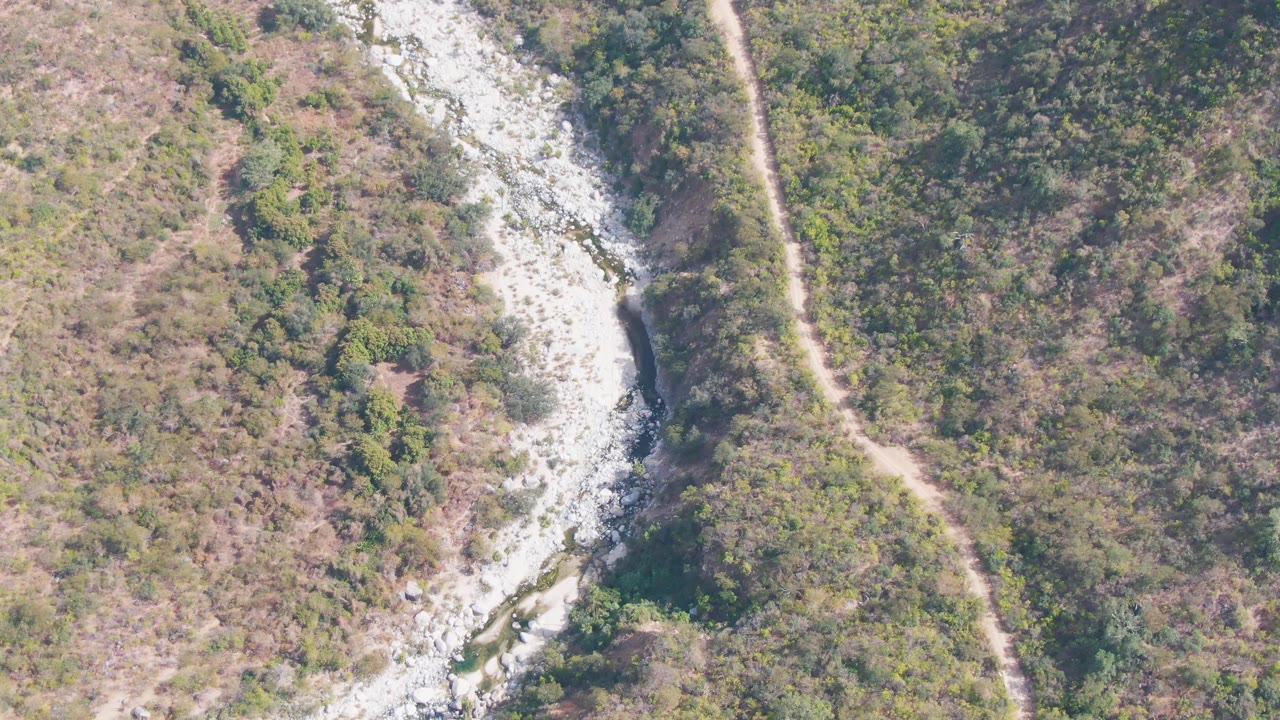 Overhead view of a rocky stream beside a dirt trail in dry vegetation.
