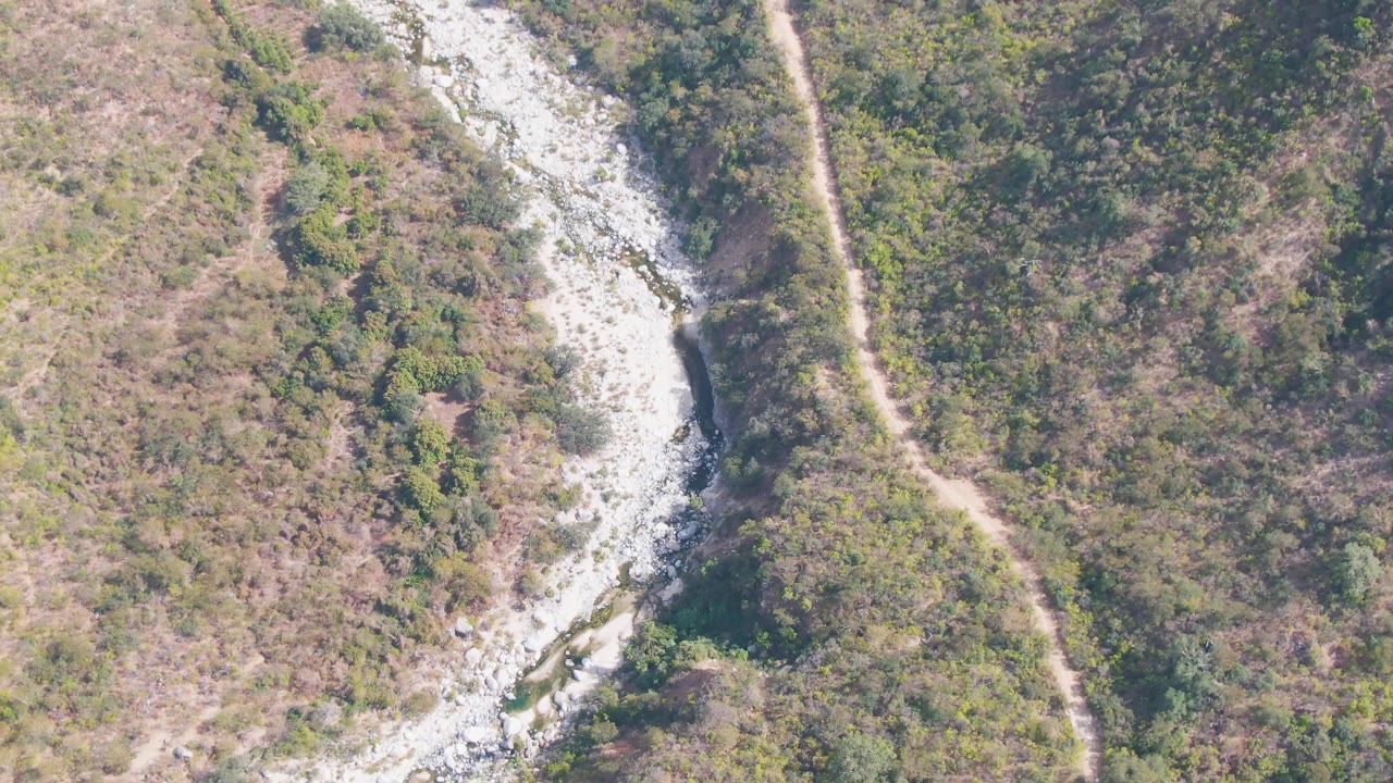 Aerial frame from San Dionisio, Baja California Sur, showing a pale stone riverbed crossing mixed brush while the footpath continues along the vegetation edge, with no visible people.