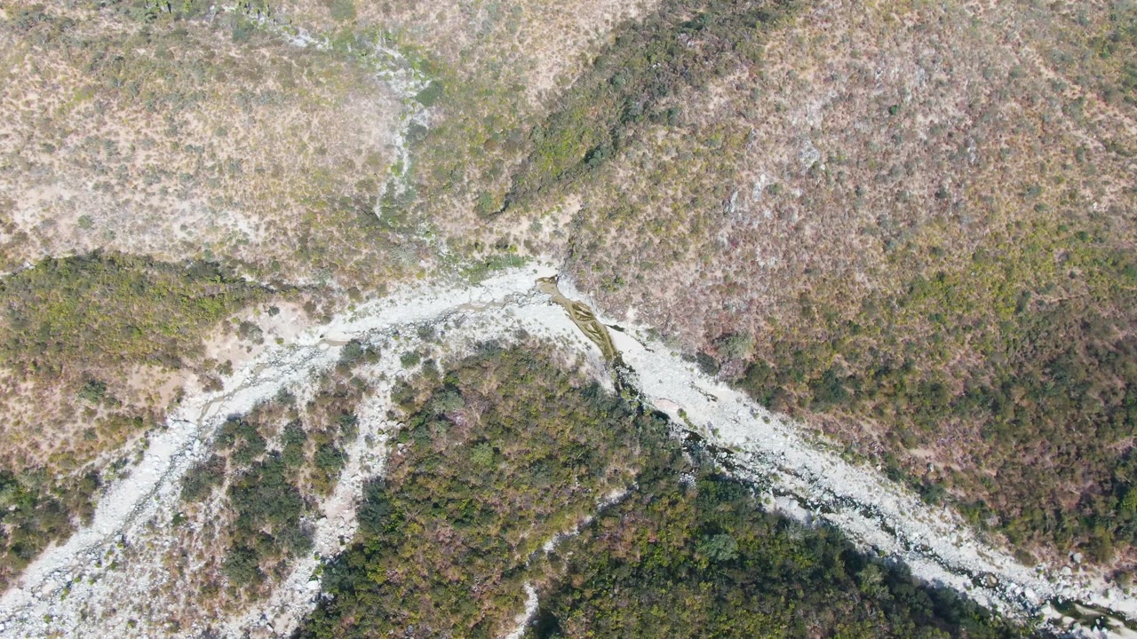 Aerial view of a pale winding route bordered by dense green patches and dry grass.