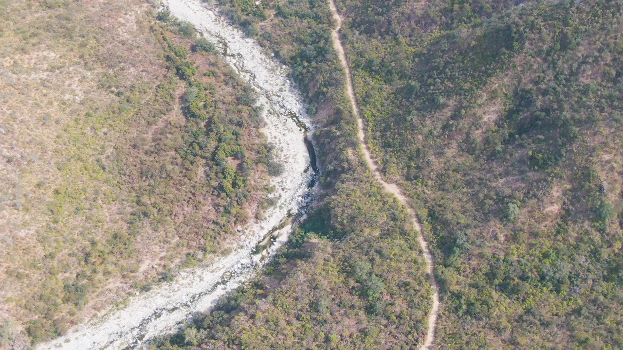Overhead frame from San Dionisio, Baja California Sur showing a pale winding riverbed along scrubby green and brown hills, with a dirt road on the slope and no visible people.