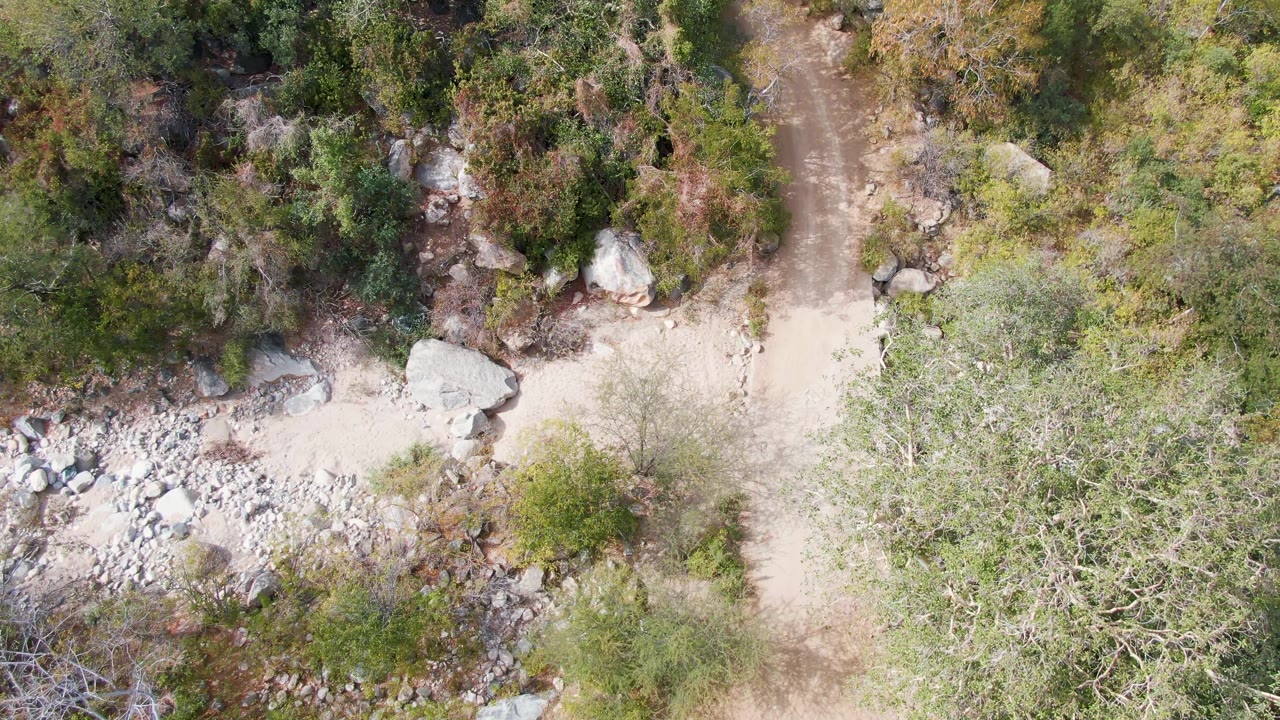 Overhead view in San Dionisio, Baja California Sur, showing a pale dirt path near gray rocks, dry shrubs, and green foliage with no visible people.