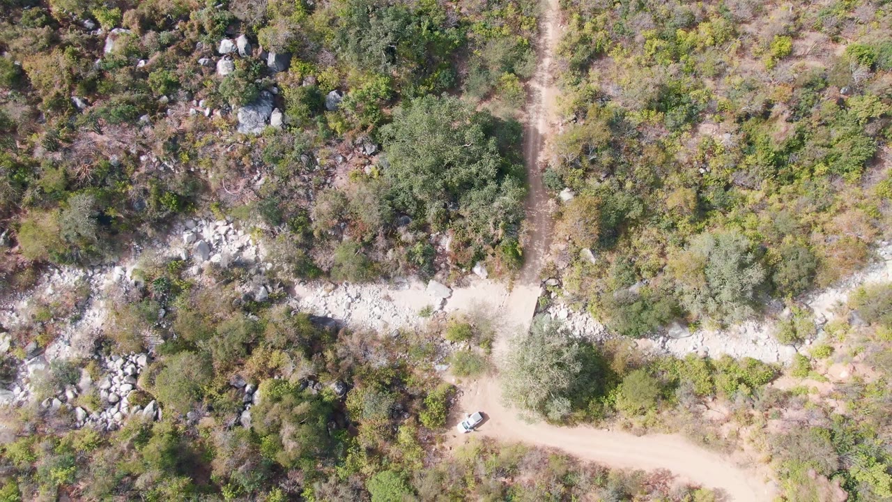 Aerial view in San Dionisio, Baja California Sur, with the white car slightly farther along the unpaved road amid green-brown vegetation, scattered rocks, and no visible people.