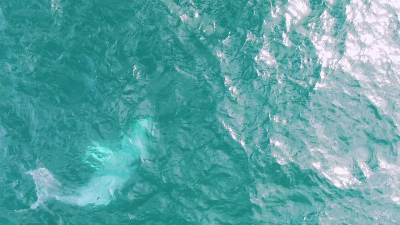 Aerial view over Shipwrecks, Baja California Sur, Mexico, with the whale now fainter beneath textured turquoise water and a pale disturbed patch near the surface, no visible people.