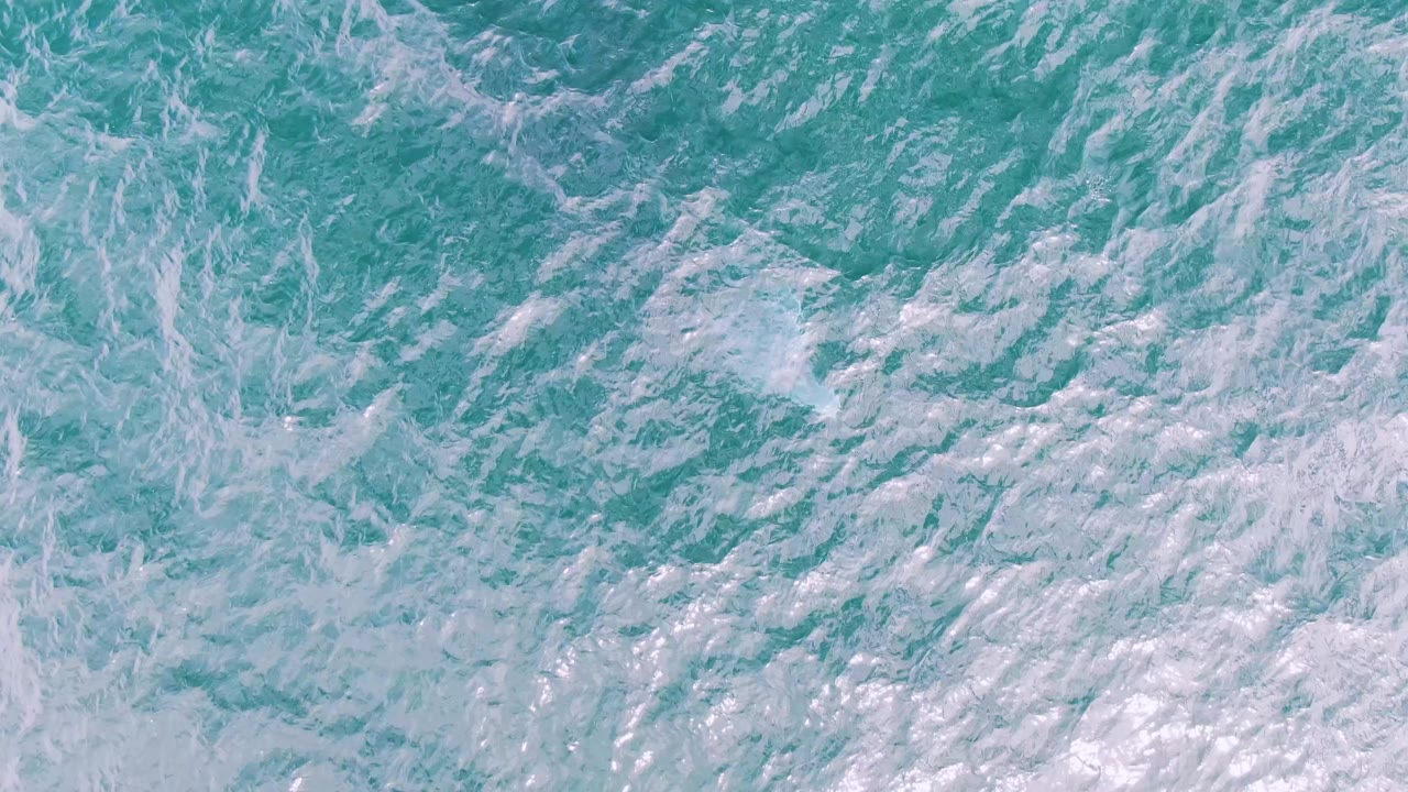 Top-down view of clear blue-green water at Shipwrecks, Baja California Sur, with scattered foam lines and no visible people.