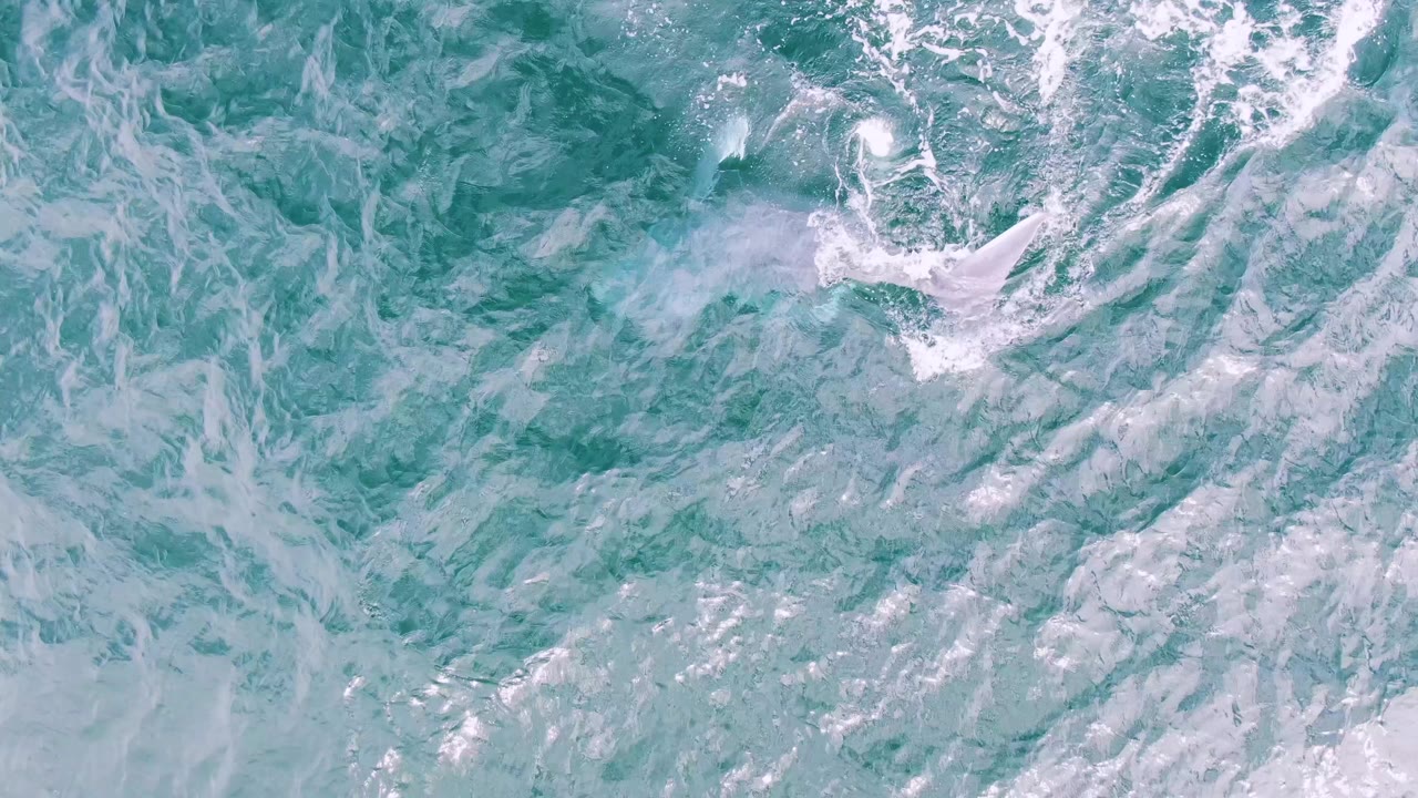 Turquoise water with foamy streaks and a bright splash area.