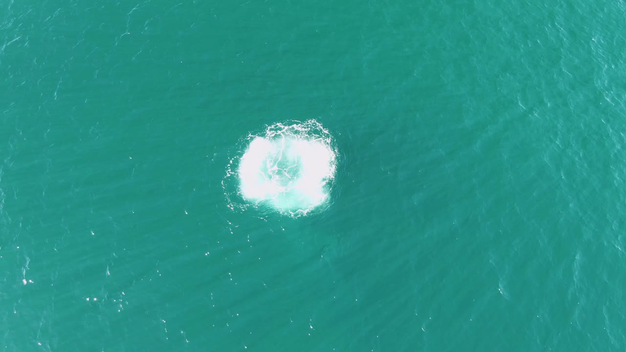 At Buzzards Beach in Baja California Sur, a compact white splash breaks the turquoise ocean surface near the upper-left area of the frame, with no visible people.