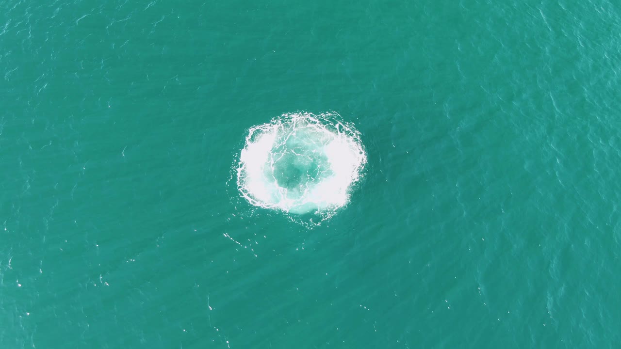 At Buzzards Beach in Baja California Sur, a foamy white splash forms a partial ring on turquoise water in an overhead view, with no visible people.