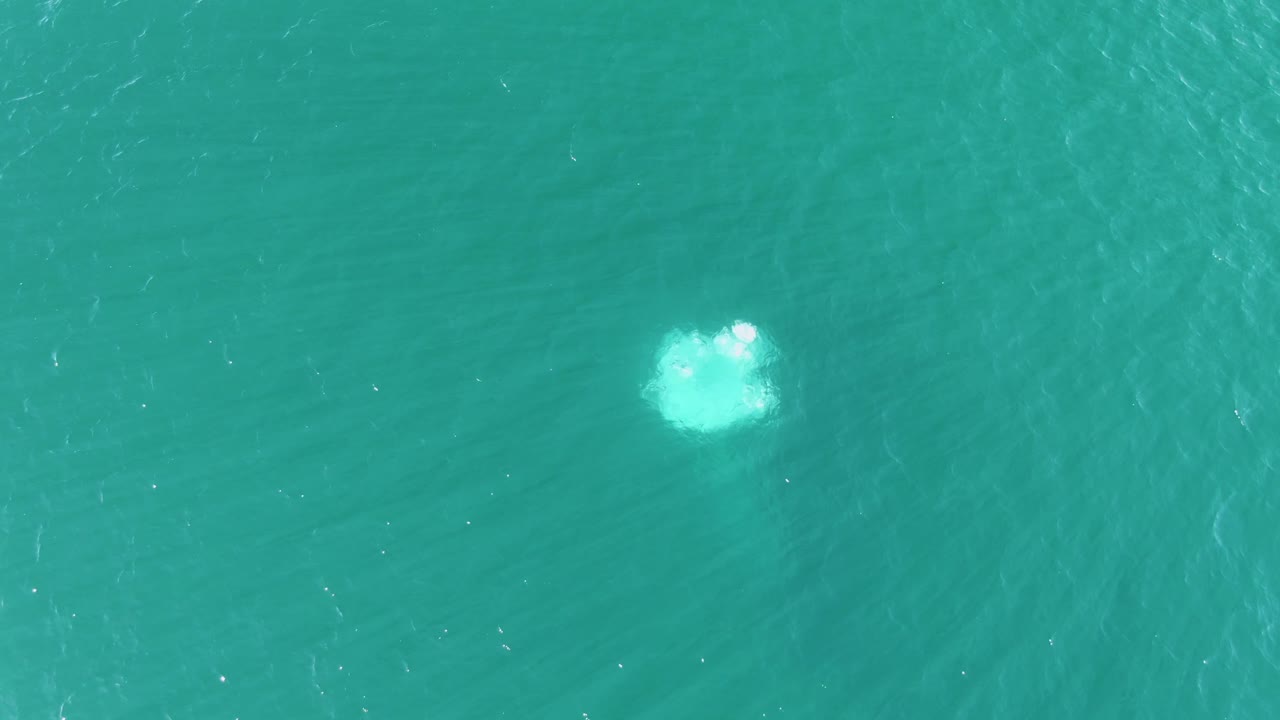 At Buzzards Beach in Baja California Sur, a small white underwater bubble patch sits near the upper center of clear turquoise water with no visible people.