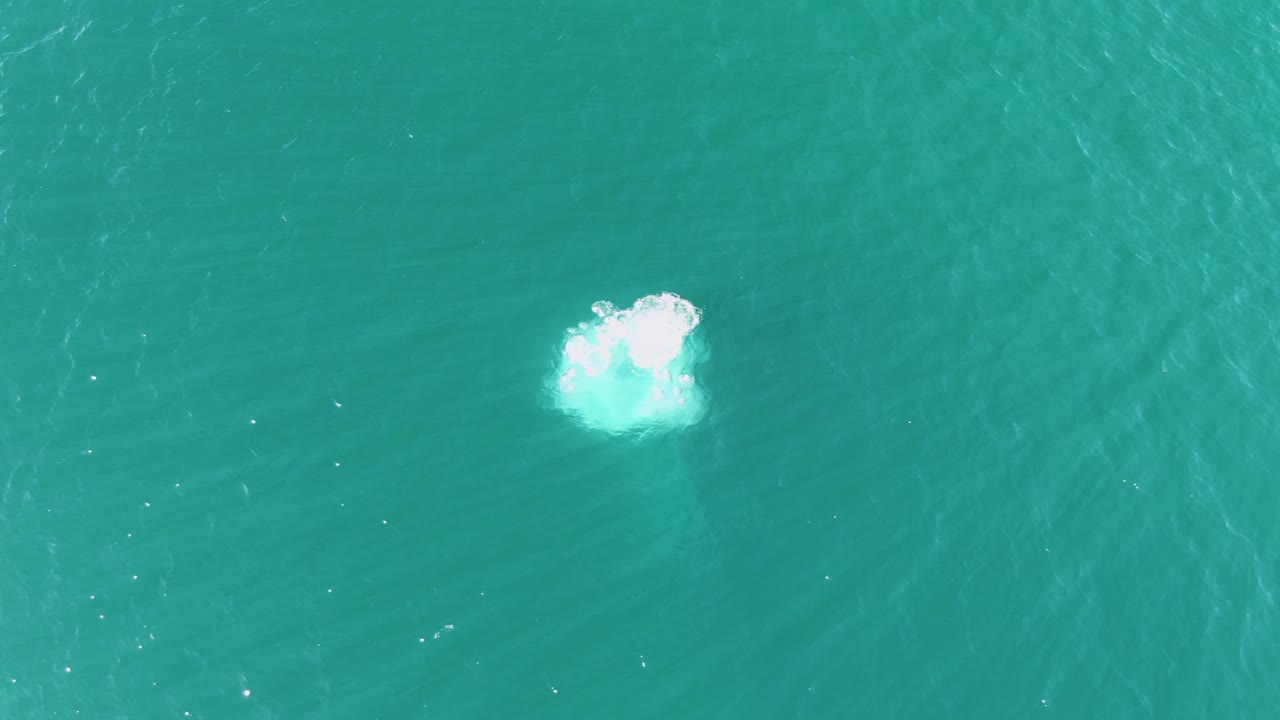 The bubble has become a brighter white foam patch on the turquoise ocean surface at Buzzards Beach, with open water around it and no visible people.