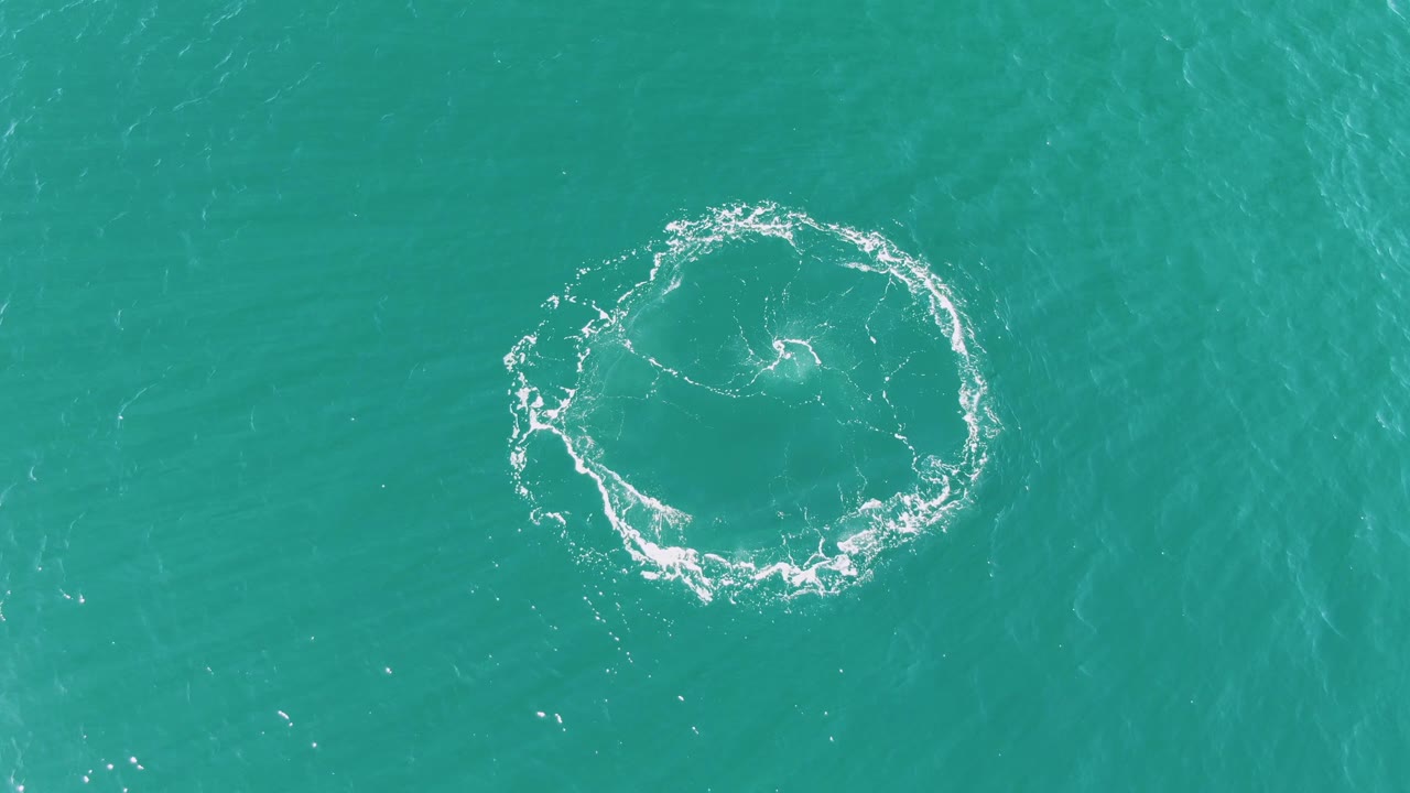 The circular foam pattern spreads wider across open turquoise ocean at Buzzards Beach, with subtle surface ripples and no visible people.