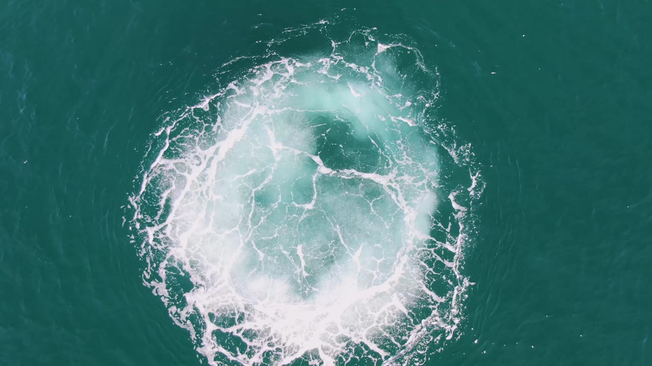 At Buzzards Beach in Baja California Sur, Mexico, the foam widens into a broken ring around a darker center in the turquoise ocean, with no visible people.
