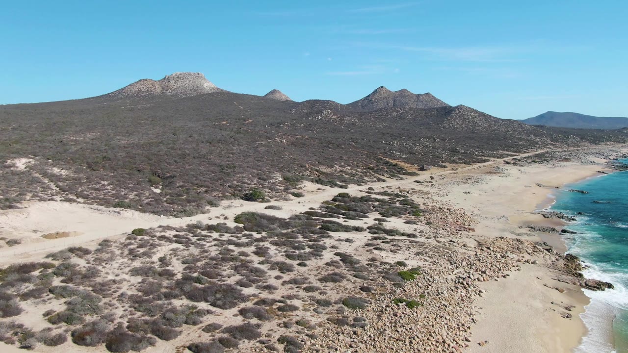 Aerial view of arid dunes and scrub beside a sandy beach and turquoise surf.