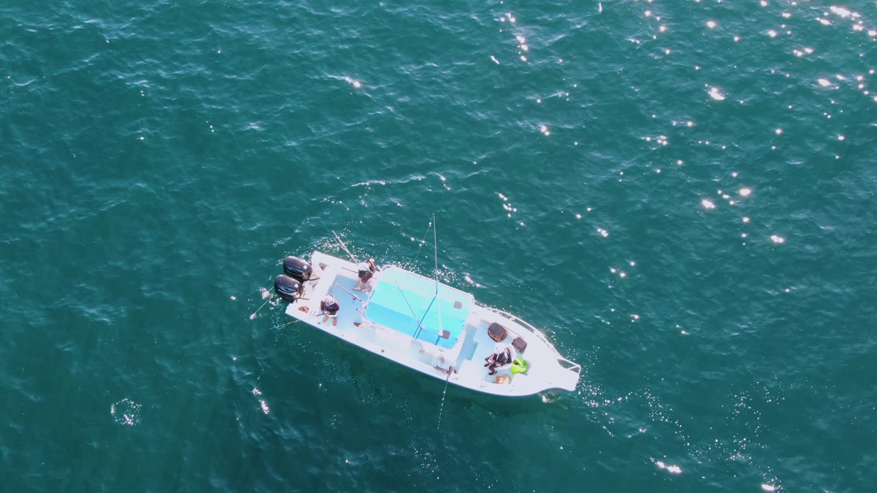 Overhead view of a white boat with a blue canopy floating in turquoise water at Buzzards Beach, Baja California Sur, Mexico, with small figures visible on deck.