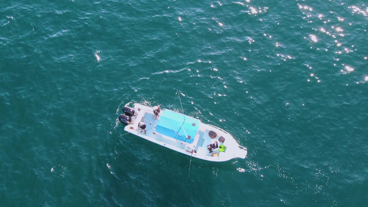Aerial frame of the white boat slightly farther across the turquoise surface, with the blue canopy centered and bright water reflections around the hull.