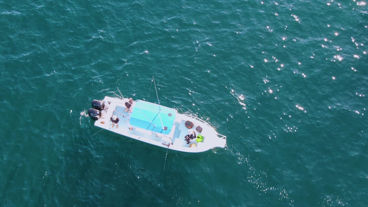 A white boat with a blue canopy area appears toward the right side of the overhead Buzzards Beach frame, surrounded by darker teal water and bright surface highlights.