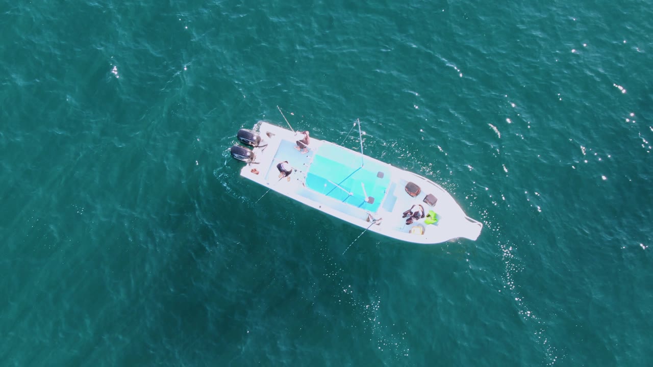White motorboat with blue deck area over rippled teal water.