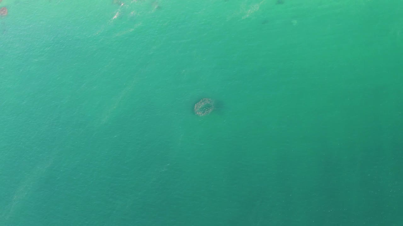 Turquoise ocean water with a submerged circular formation near the lower left.