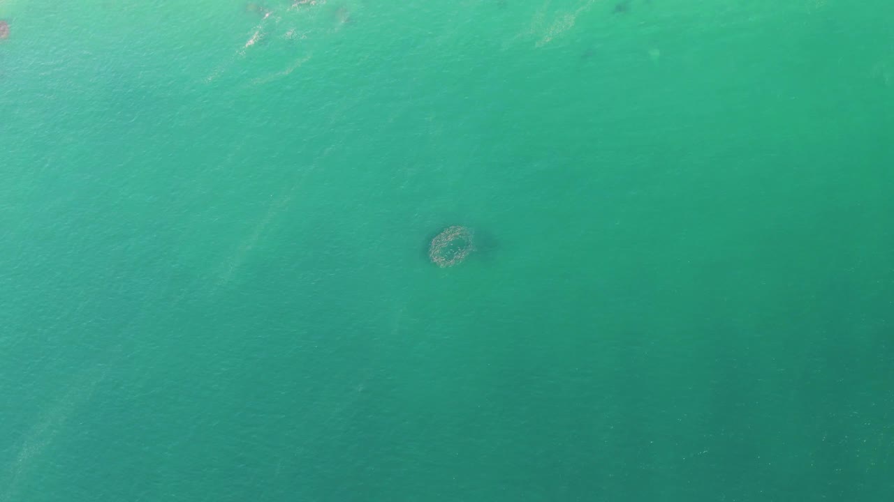 Aerial frame over Buzzards Beach water showing the submerged circular feature slightly left of center beneath faint ripples, with no visible people.