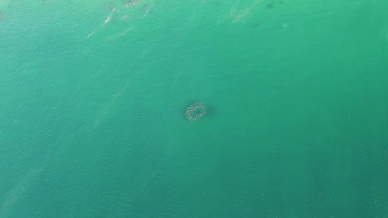 Overhead view at Buzzards Beach with the circular submerged shape higher in the frame, surrounded by turquoise water and subtle surface texture, no visible people.