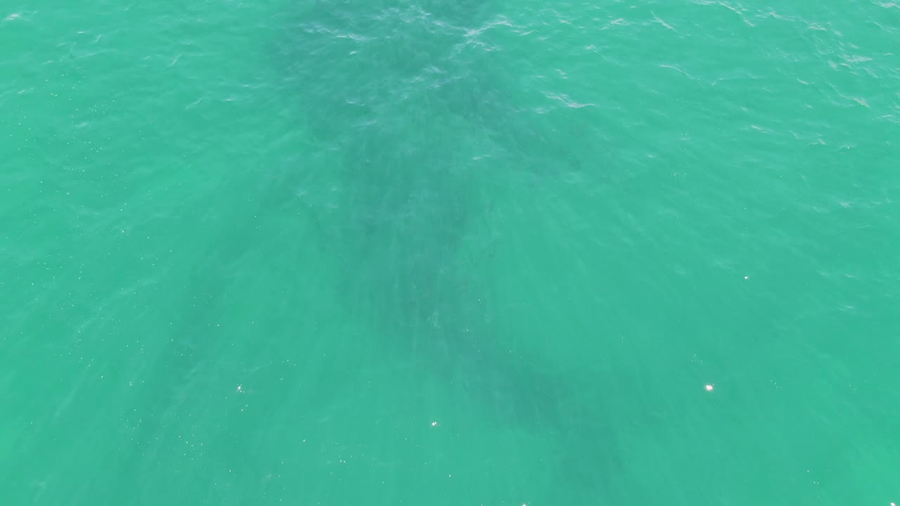 Turquoise shallow ocean water with faint darker bottom patches.