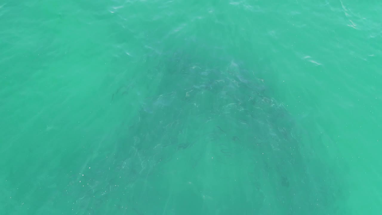 Top-down turquoise water at Buzzards Beach, Baja California Sur, with faint darker reef or seabed shapes visible beneath the rippled surface and no visible people.