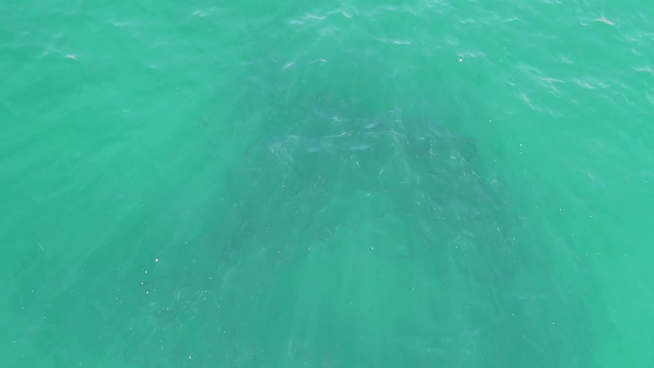 Clear turquoise water with faint underwater formations.
