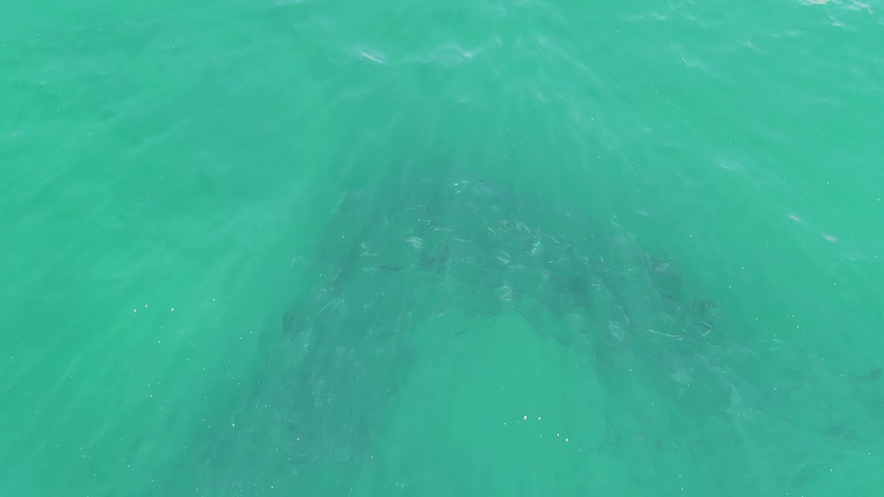Green-blue ocean water at Buzzards Beach reveals a darker submerged rock mass near the lower left through shifting surface ripple patterns, with no visible people.