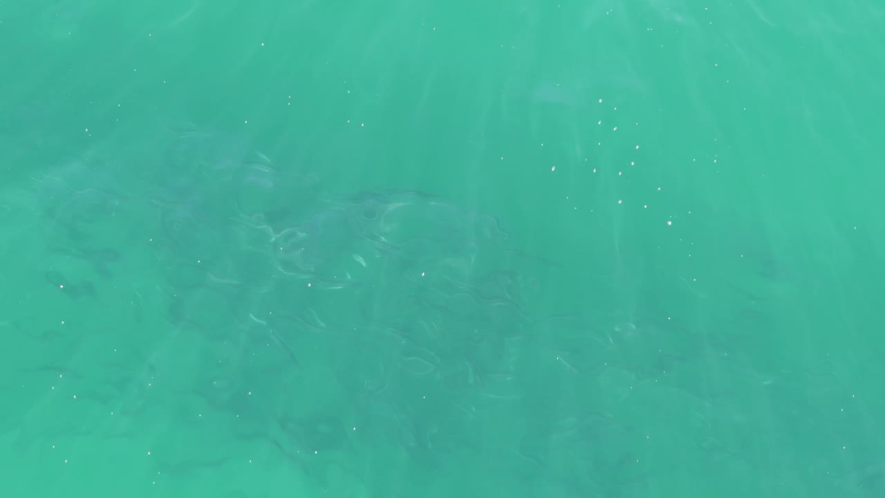 The lower sequence begins on bright turquoise water at Buzzards Beach, Baja California Sur, where faint shadowy underwater shapes sit below the rippled surface with no visible people.