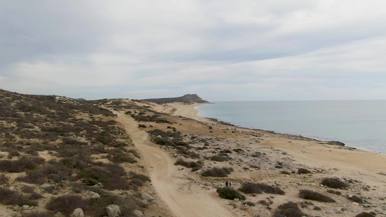 Dirt track and dry vegetation above a sandy shoreline with small people near the beach.