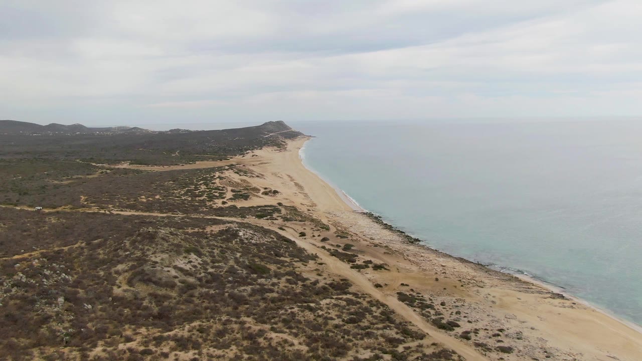 Wide aerial view over Punta Gorda Beach with muted tan sand, dark green scrub, pale ocean water, a distant coastline, and no visible people.