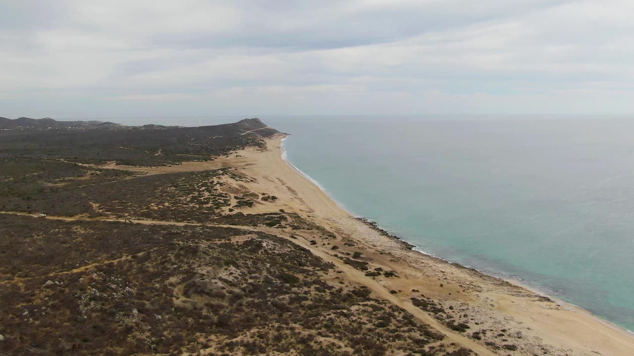 Aerial view of sandy beach, scrub vegetation, and pale ocean under clouds