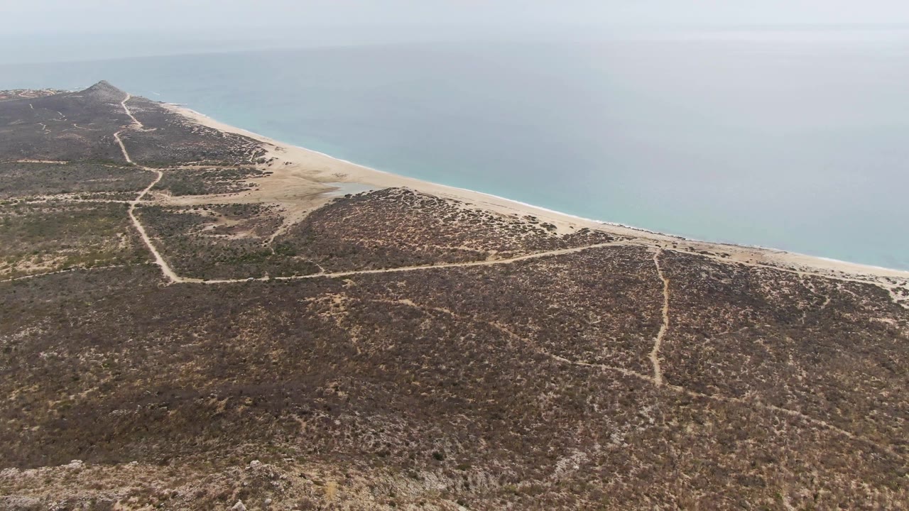 Aerial coastal landscape with empty beach, blue water, scrub, and dirt road lines.