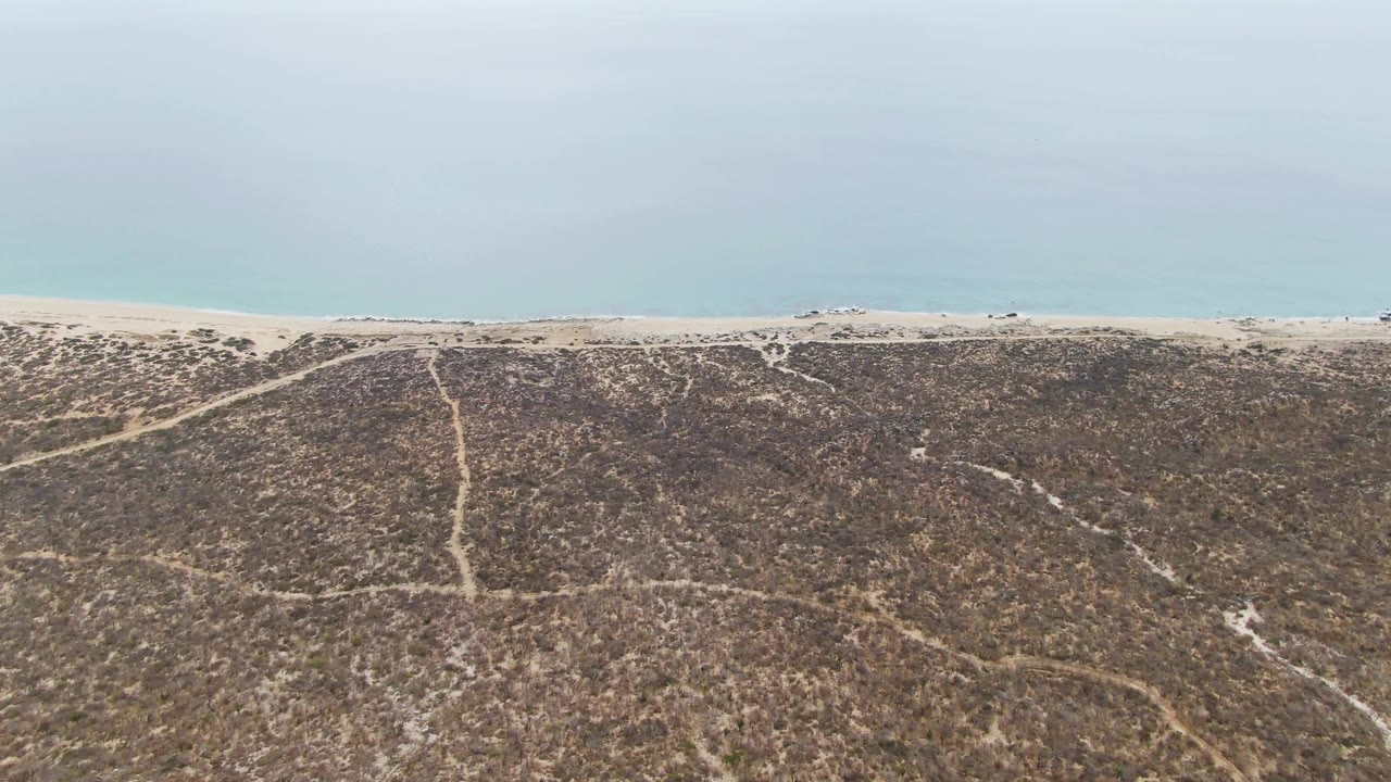 Drone view at Punta Gorda Beach showing intersecting sandy paths through dark scrub dunes, a narrow beach edge, pale turquoise water, and no visible people.