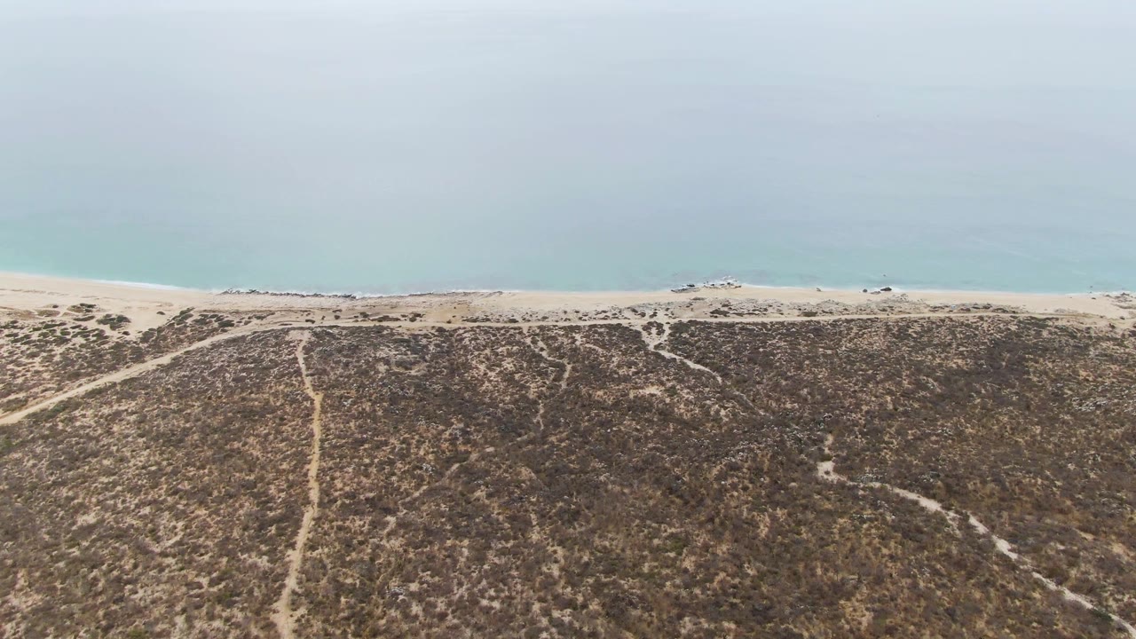 Aerial view at Punta Gorda Beach with a central sandy track through dry dunes, the beach and light blue water beyond, a small shoreline vehicle, and no visible people.