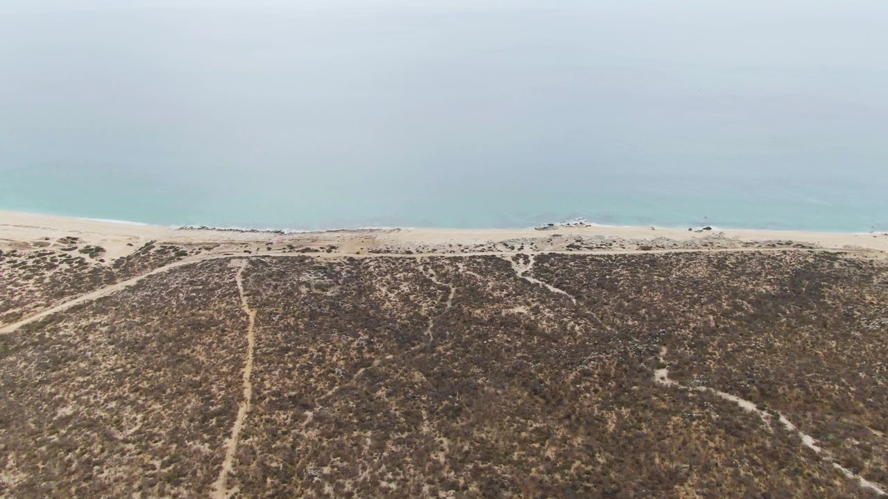High drone frame over Punta Gorda Beach showing branching dune paths below, a narrow pale beach in the middle distance, calm blue ocean above, a small vehicle near shore, and no visible people.