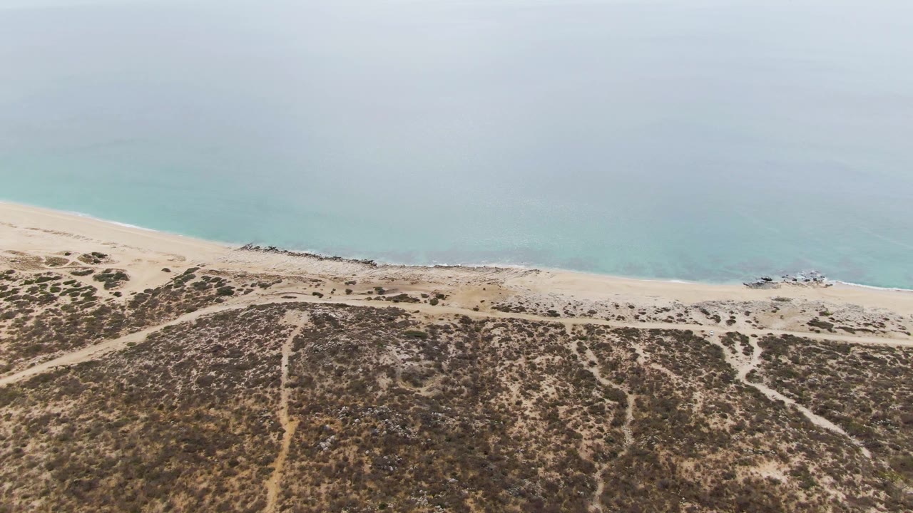Overhead view of Punta Gorda Beach in Baja California Sur, with scrubby dunes and footpaths below, pale sand at center, calm blue water above, and tiny people near the shore.