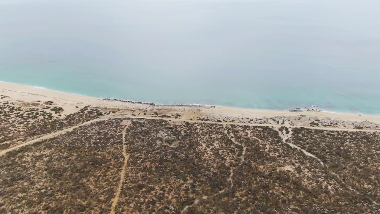 At 0:01, the Punta Gorda Beach aerial view shows crossing dune tracks leading toward pale sand, with calm blue water beyond and the small boat slightly left of its opening position along the shoreline, with no visible people.