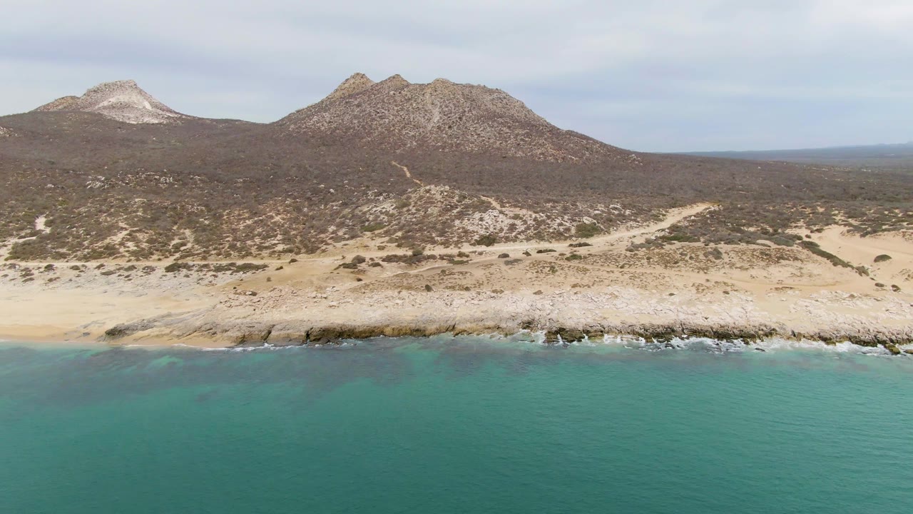 Aerial view of beach, surf, desert vegetation, and mountains.