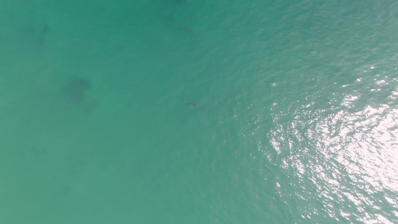 Overhead turquoise water at Punta Gorda Beach shows bright reflected light along the right edge, pale ripples, faint underwater marks, and no visible people.