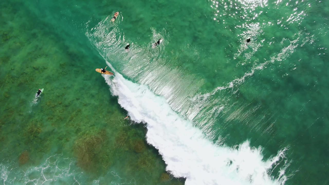 At Punta Gorda Beach in Baja California Sur, one surfer is near the breaking section while other surfers wait farther out in clear water, with bright foam cutting across the lower half of the frame.